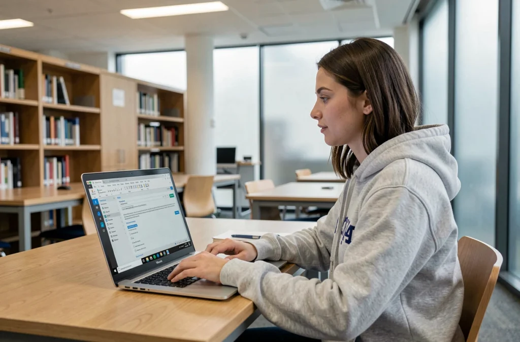 Étudiante paramétrant son adresse mail académique ac-montpellier.fr dans Outlook depuis une bibliothèque universitaire