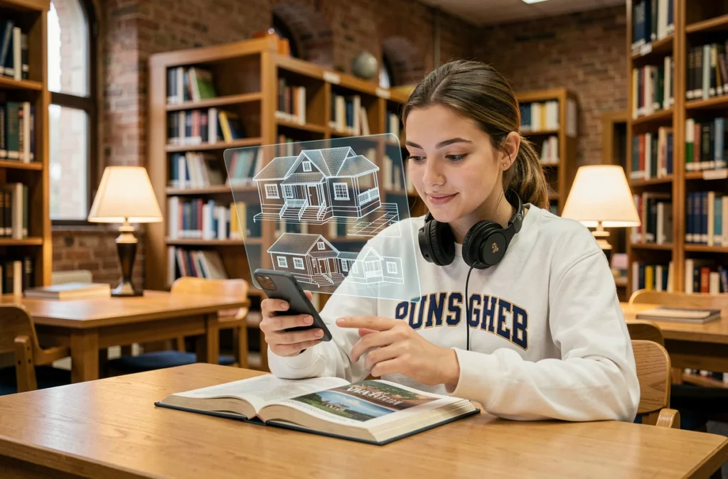 Étudiante universitaire utilisant la réalité augmentée sur smartphone pour étudier dans une bibliothèque