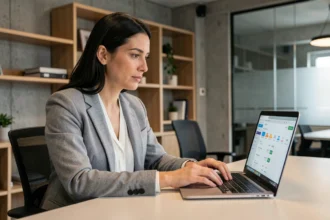 Une femme d'affaires utilisant une interface de stockage cloud sur son ordinateur portable dans un bureau de PME moderne en 2024