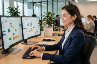 Femme professionnelle en bureau moderne consultant des tableaux de bord d'automatisation sur deux écrans pour améliorer sa productivité au travail