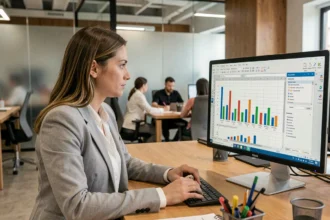 Femme professionnelle analysant un tableau Excel automatisé sur un grand écran de bureau dans un open-space moderne