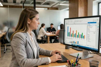 Femme professionnelle analysant un tableau Excel automatisé sur un grand écran de bureau dans un open-space moderne