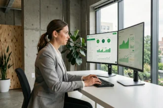 Femme professionnelle analysant des données d'empreinte carbone sur des écrans dans un bureau écoresponsable avec jardin vert en arrière-plan
