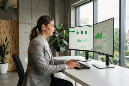 Femme professionnelle analysant des données d'empreinte carbone sur des écrans dans un bureau écoresponsable avec jardin vert en arrière-plan