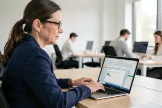 Femme professionnelle utilisant Microsoft Word sur un ordinateur portable dans un bureau moderne pour améliorer la mise en page de documents
