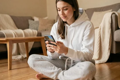 Jeune femme utilisant un convertisseur YouTube MP3 en ligne sur smartphone dans un salon cosy