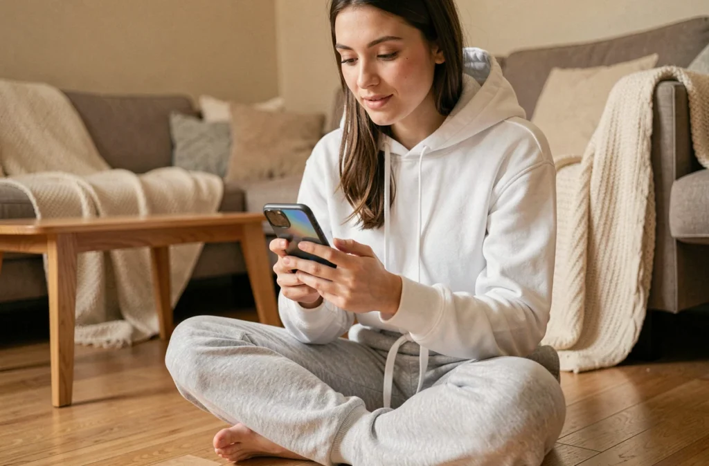 Jeune femme utilisant un convertisseur YouTube MP3 en ligne sur smartphone dans un salon cosy