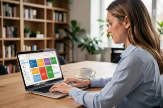 Femme professionnelle créant une présentation PowerPoint avec animations sur un ordinateur portable dans un bureau moderne
