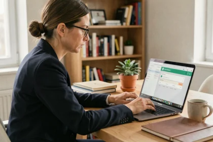 Femme utilisant un gestionnaire de mots de passe sur son ordinateur portable dans un bureau à domicile moderne