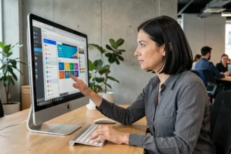 Femme développeuse interagissant avec une interface graphique GUI sur un grand écran de bureau dans un bureau moderne