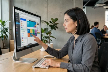 Femme développeuse interagissant avec une interface graphique GUI sur un grand écran de bureau dans un bureau moderne
