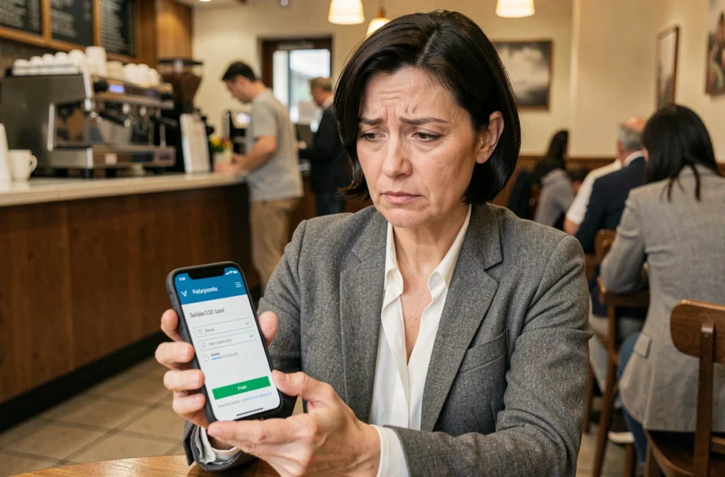 Femme d'affaires consultant un faux site bancaire sur smartphone dans un café urbain, illustrant le phishing mobile