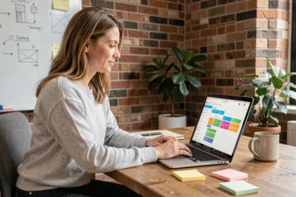 Femme utilisant une plateforme low-code sur un ordinateur portable dans un petit bureau de startup
