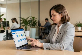 Femme professionnelle utilisant une interface de stockage cloud sur son ordinateur portable dans un bureau moderne
