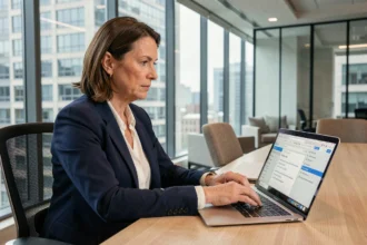 Femme professionnelle prenant des notes organisées sur OneNote lors d'une réunion en entreprise