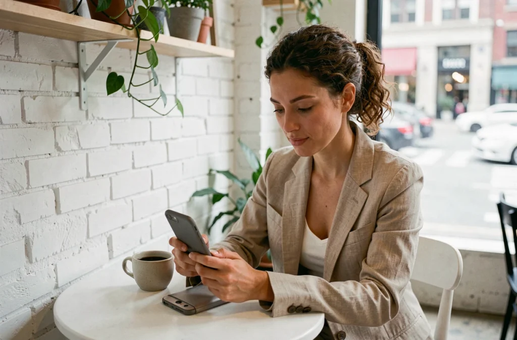 Femme utilisant un smartphone pliable replié dans un café urbain, avec une tasse de café et une atmosphère minimaliste
