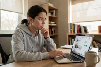 Jeune femme anxieuse regardant un profil Instagram sur son ordinateur portable dans un bureau à domicile, illustrant les risques de surveillance des comptes Instagram