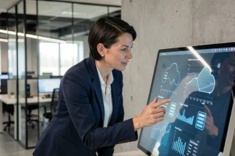 Professionnelle en blazer bleu interagissant avec un tableau de bord de gestion cloud dans un open space moderne