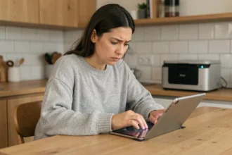 Femme connectant une tablette à une imprimante wifi dans une cuisine moderne