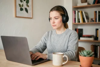 Femme en télétravail portant un casque audio sans fil matte noir, concentrée devant son ordinateur portable dans un bureau à domicile chaleureux