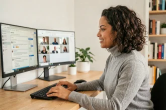 Femme travaillant à distance sur des outils collaboratifs dans un bureau à domicile moderne et épuré