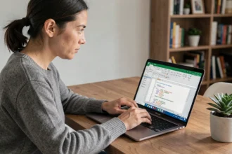 Femme développeuse utilisant VBA dans Excel pour automatiser une macro sur son ordinateur portable