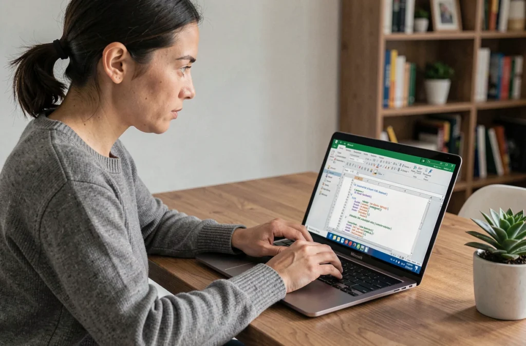 Femme développeuse utilisant VBA dans Excel pour automatiser une macro sur son ordinateur portable