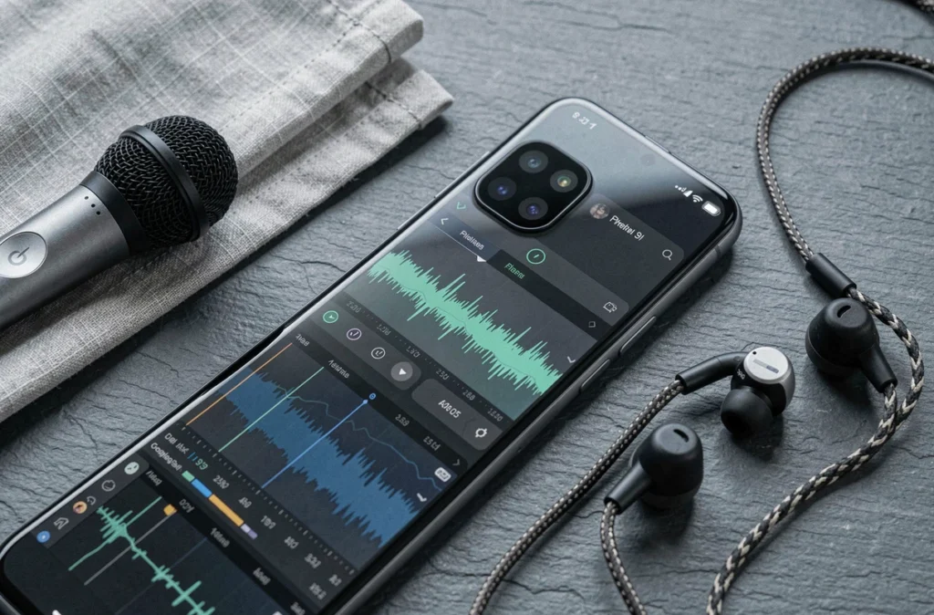 Flat-lay du Google Pixel 9 Pro XL avec microphone et écouteurs pour créateurs audio et vidéo