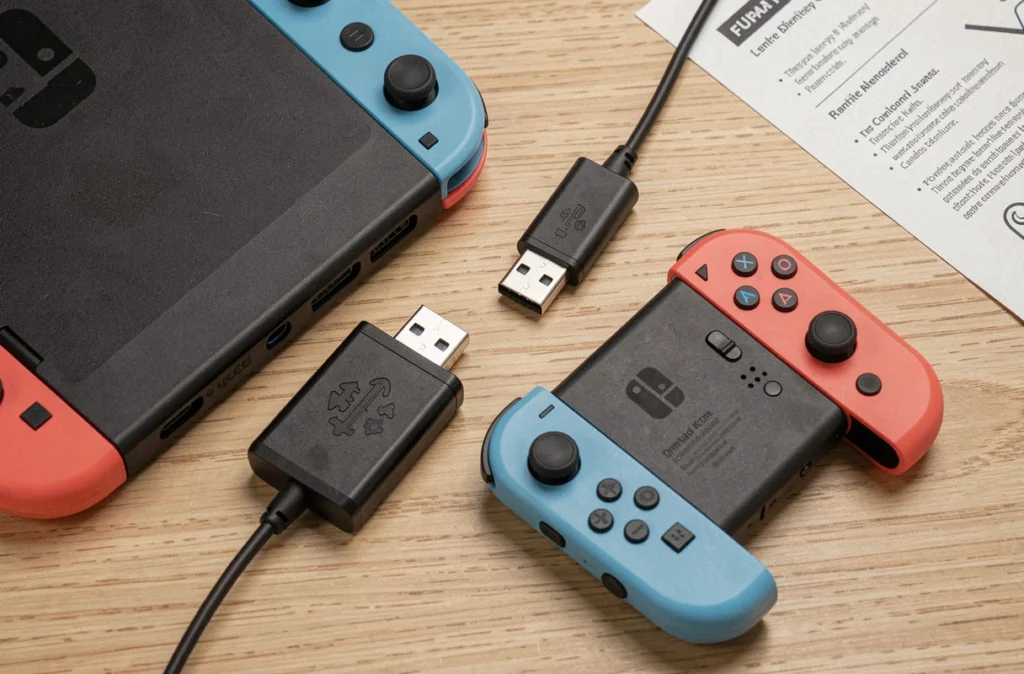 Vue aérienne d'une manette Switch, d'un adaptateur USB tiers et d'un Joy-Con disposés sur un bureau en bois clair