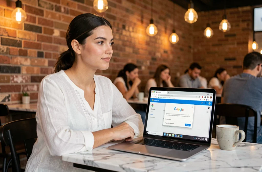 Jeune femme utilisant Google Lens dans Chrome sur un MacBook dans un café pour copier et rechercher du contenu visuel