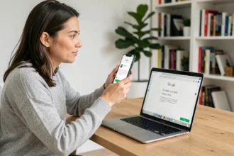 Femme utilisant Google Lens sur PC pour traduire du texte affiché sur un écran d'ordinateur portable