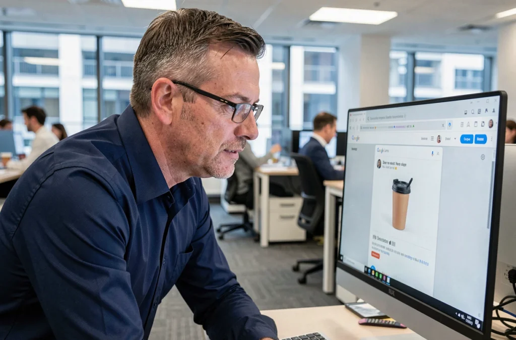 Homme effectuant une recherche visuelle avec Google Lens sur un ordinateur de bureau en open space