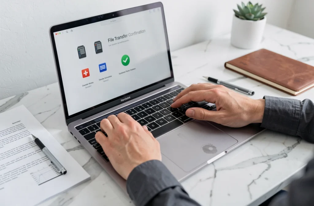 Gros plan sur des mains envoyant un dossier lourd depuis un ordinateur portable via un service suisse de transfert sécurisé