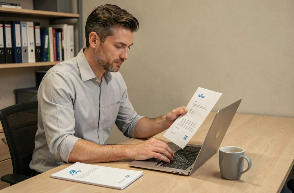 Homme consultant un guide de signature email institutionnelle INRAE tout en travaillant sur son ordinateur portable