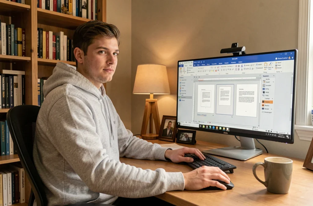 Jeune homme travaillant sur Microsoft Word depuis son bureau à domicile avec un grand écran affichant les outils de mise en page