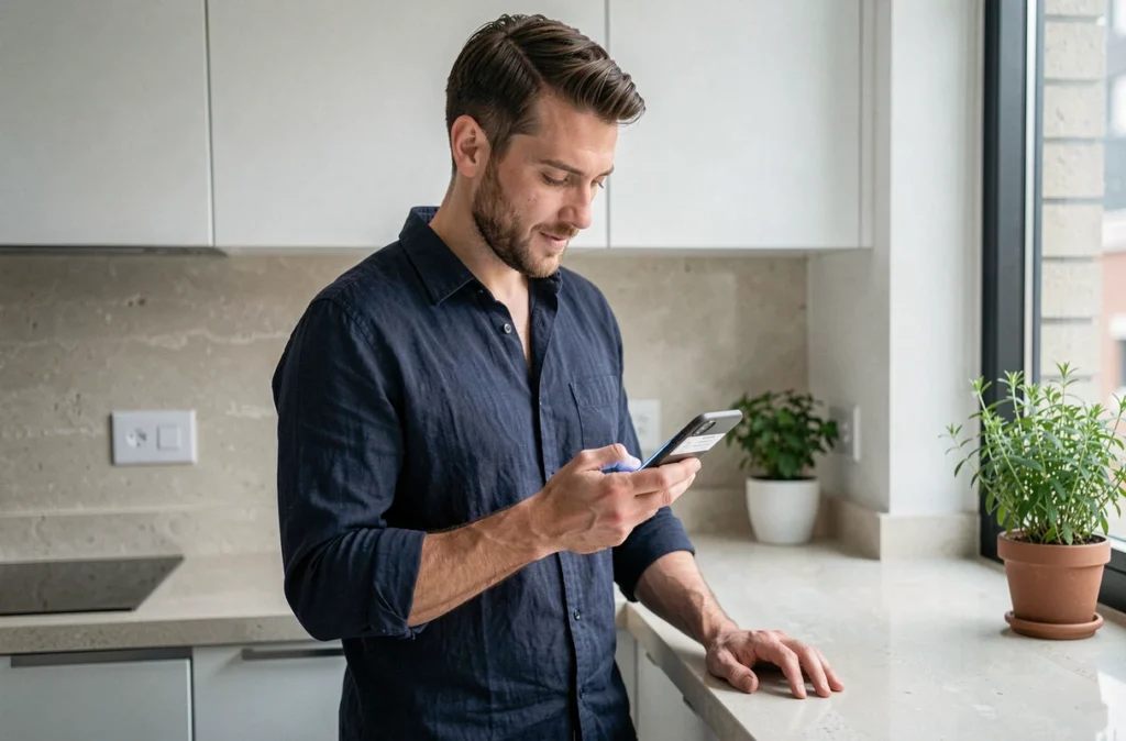 Homme consultant un site de conversion YouTube en MP3 sur mobile dans une cuisine moderne