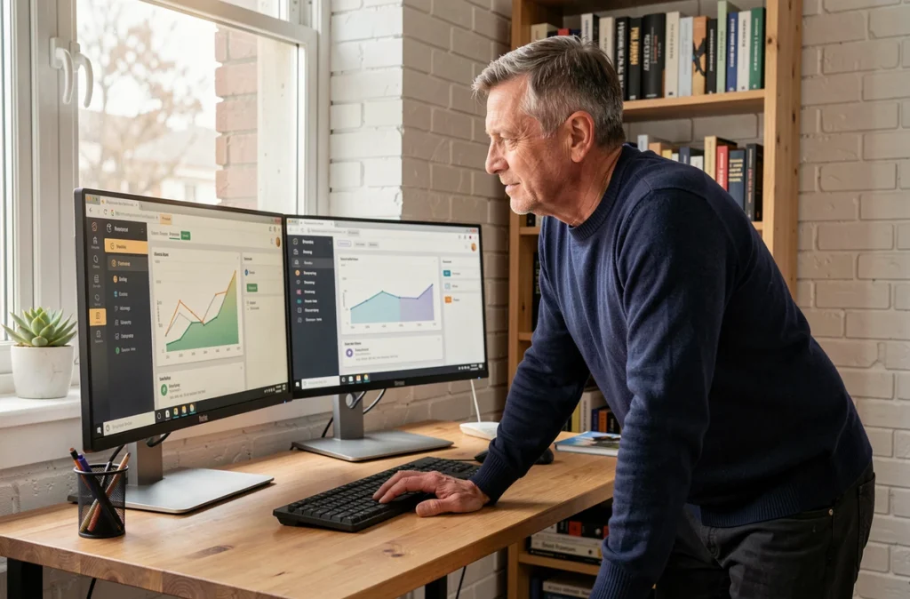 Homme consultant un dashboard interactif sur deux écrans dans un bureau à domicile minimaliste illustrant l'interface GUI