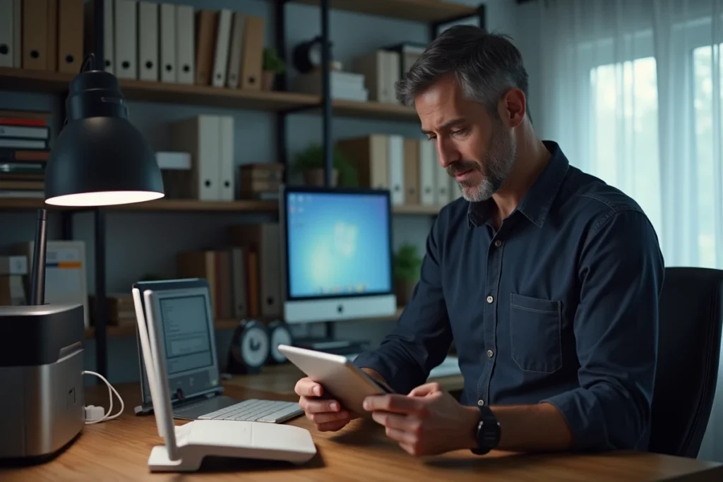 Homme dépannant une connexion wifi entre une tablette et une imprimante dans un bureau à domicile