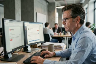 Homme en chemise bleue regardant avec inquiétude un email de phishing sophistiqué sur son écran de bureau en open space