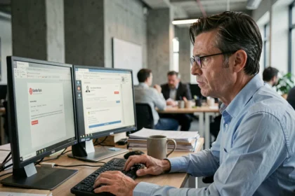Homme en chemise bleue regardant avec inquiétude un email de phishing sophistiqué sur son écran de bureau en open space