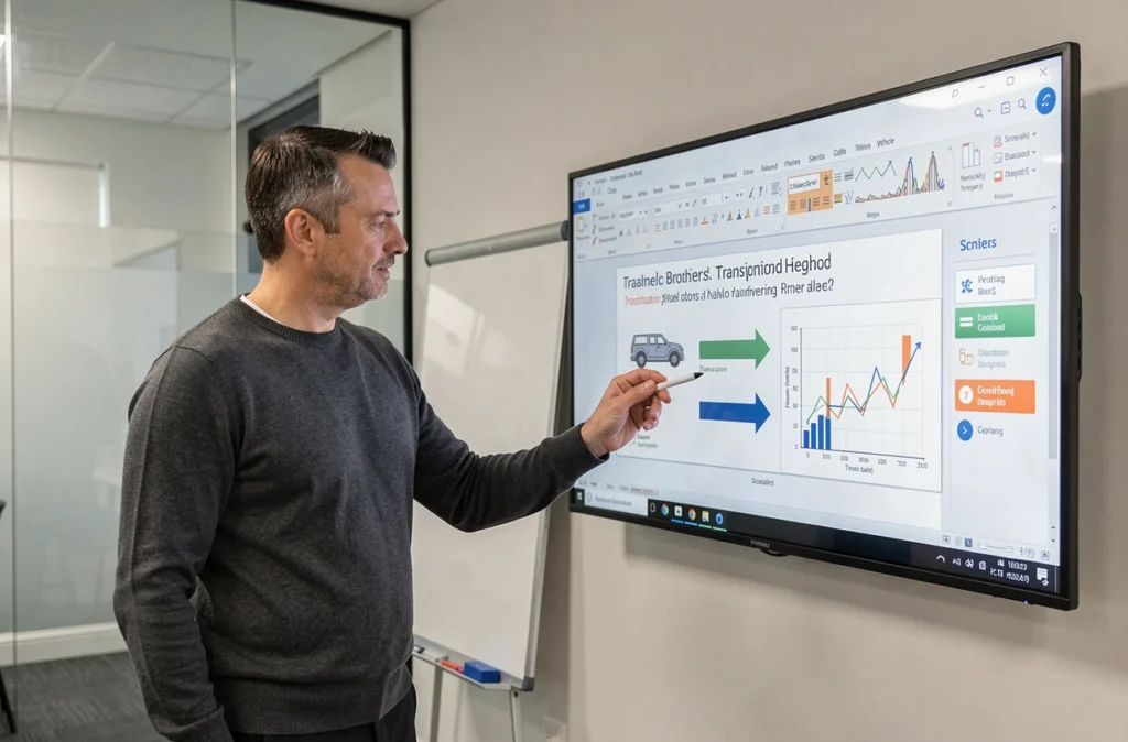 Homme présentant des animations PowerPoint sur un grand écran dans une salle de conférence moderne