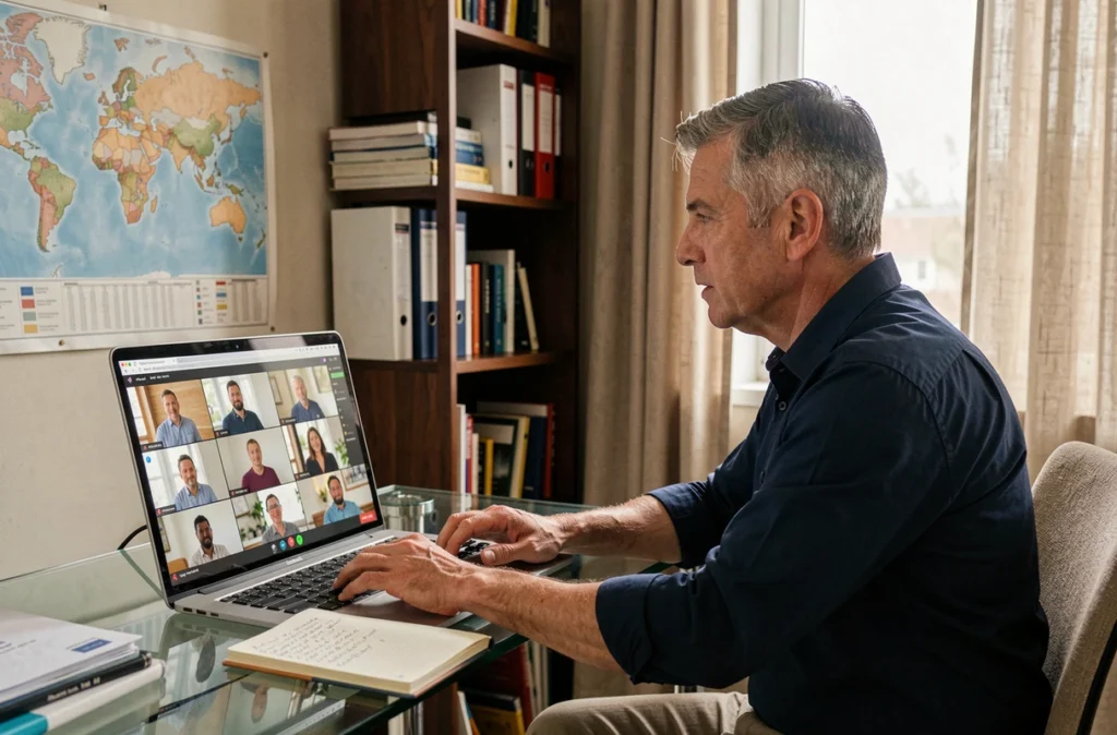 Homme d'affaires en réunion virtuelle via visioconférence depuis son bureau personnel à domicile