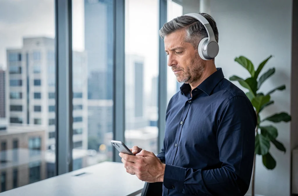 Homme en télétravail debout près d'une fenêtre panoramique avec un casque audio sans fil premium, consultant son smartphone dans un bureau moderne