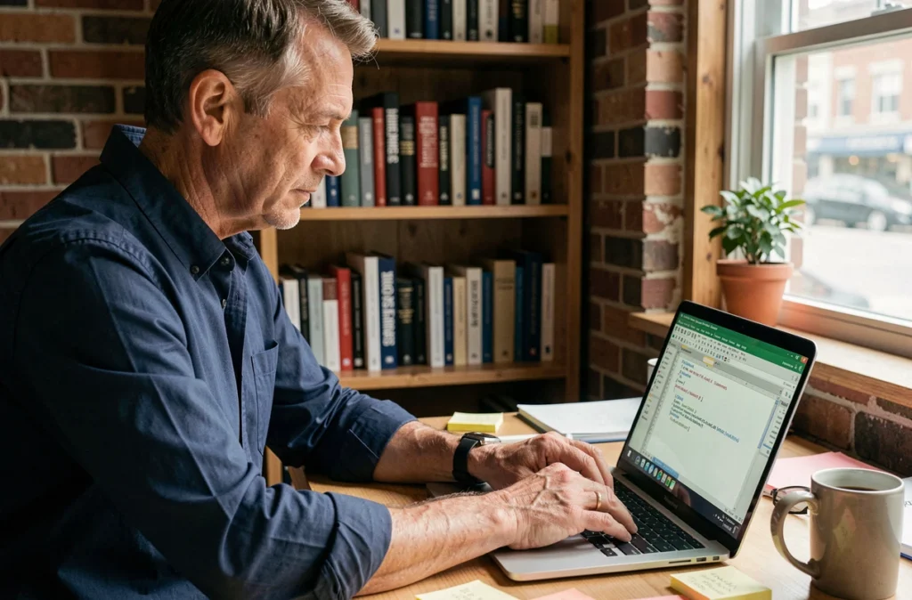 Homme en télétravail écrivant une macro VBA dans Excel pour automatiser des tâches répétitives depuis son bureau à domicile