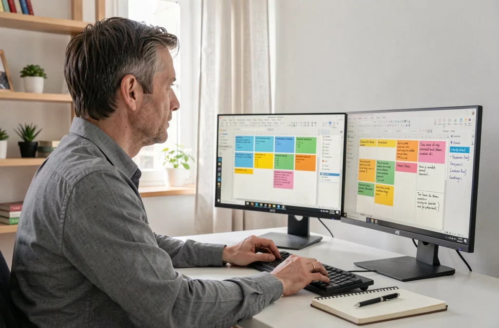 Homme en télétravail organisant ses notes de réunion sur OneNote depuis un bureau à domicile minimaliste