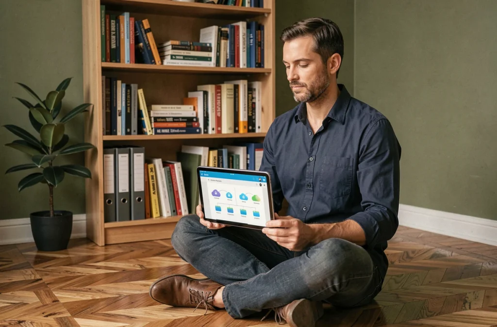Homme travaillant depuis chez lui sur une tablette avec une application de gestion sécurisée de fichiers cloud
