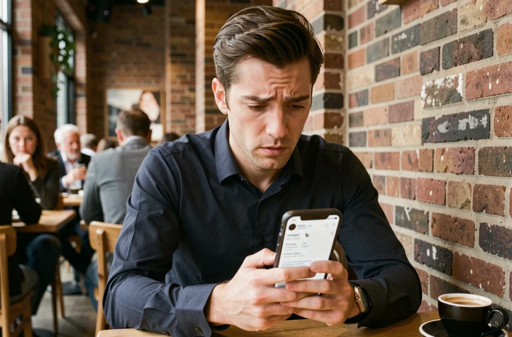 Homme vérifiant un compte Instagram sur son téléphone dans un café public, illustrant les erreurs courantes qui révèlent votre identité lors de la consultation de profils