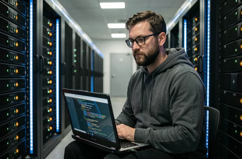 Ingénieur informatique inspectant le code de sécurité dans une salle de serveurs professionnelle avec des baies de stockage allumées