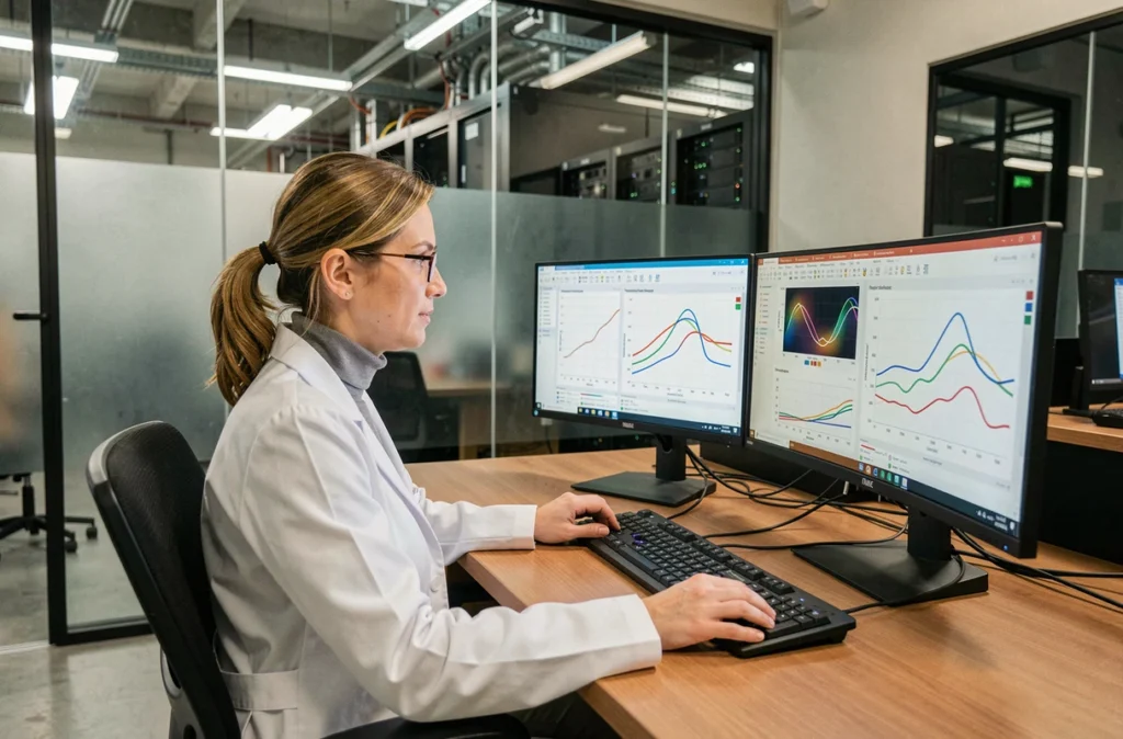 Ingénieure en données analysant des graphiques de maintenance prédictive générés par IA sur plusieurs moniteurs dans une salle d'opérations serveur