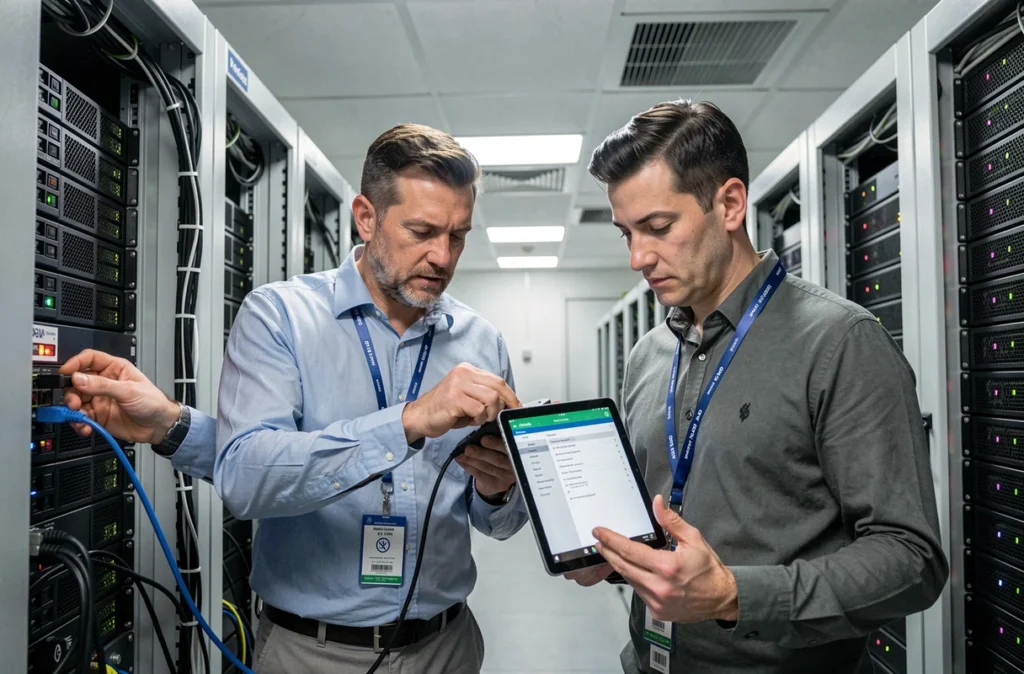Deux ingénieurs IT travaillant ensemble dans une salle des serveurs lors d'une session de maintenance préventive planifiée